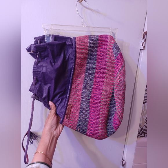 Colorful "Why Not" Purple Leather & Multi-color Woven Hemp Drawstring Bucket Bag - Picture 4 of 9